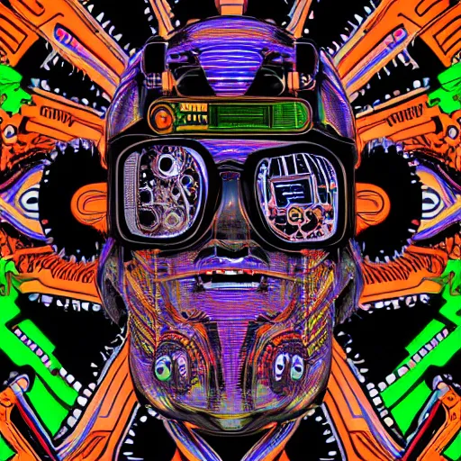 Image similar to mockup of a black tshirt with a hyperdetailed portrait of a steampunk robot on lsd, 8 k, symetrical, flourescent colors, happy trippy mood, multicolored,