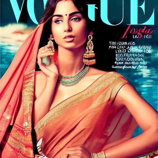 Image similar to a hot girl in a saree Vogue magazine cover photo