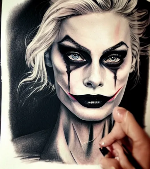 Prompt: tattoo design sketch of beautiful margot robbie portrait with joker makeup, in the style of den yakovlev, realistic face, black and white, realism tattoo, hyper realistic, highly detailed