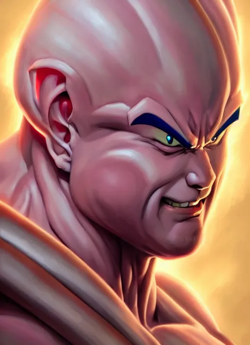 Prompt: Portrait of Majin Boo (from dragon ball), D&D, muscular, fantasy, intricate, elegant, highly detailed, digital painting, artstation, concept art, smooth, sharp focus, illustration, art by artgerm and greg rutkowski and alphonse mucha