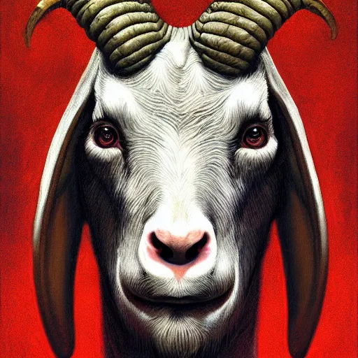 Image similar to vladimir putin is anthropomorphic goat hybrid, face of putin macabre, horror, by donato giancola and greg rutkowski and wayne barlow and zdzisław beksinski, digital art