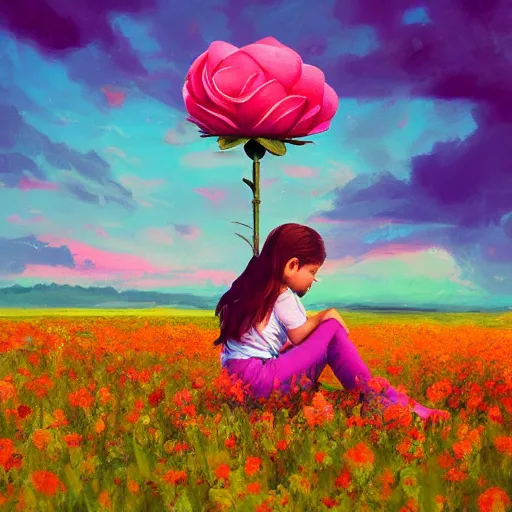 Image similar to giant rose flower as a head, full body girl sitting in a flower field, surreal photography, sunrise, dramatic light, impressionist painting, colorful clouds, digital painting, artstation, simon stalenhag