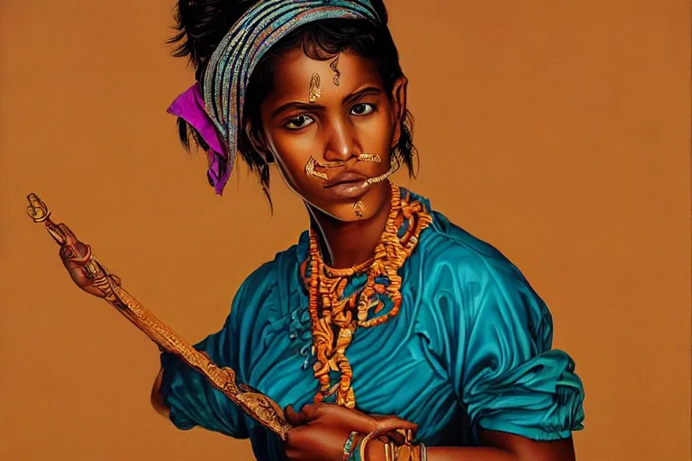 Prompt: a sri lankan girl pirate with iridescent skin by kehinde wiley