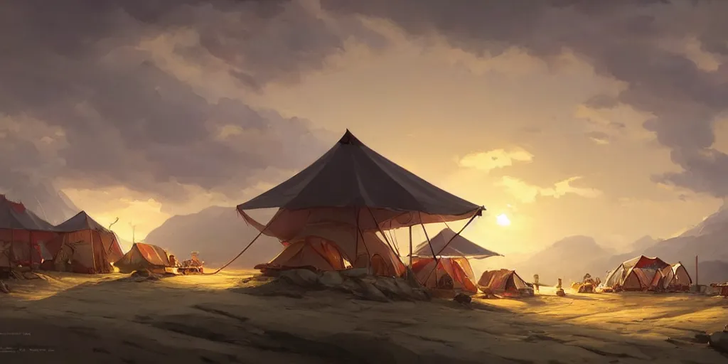 Image similar to Small camp with tents at the pristine beach. In style of Greg Rutkowski, Jesper Ejsing, Makoto Shinkai, trending on ArtStation, fantasy, great composition, concept art, highly detailed, scenery, 8K, Behance.