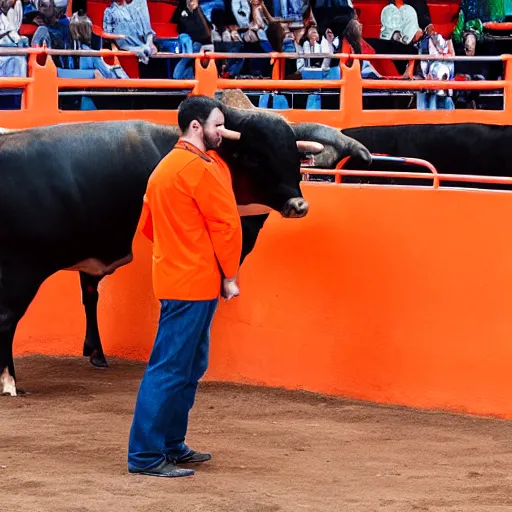 Image similar to bull wearing orange inmate clothes in a bullring with a torero