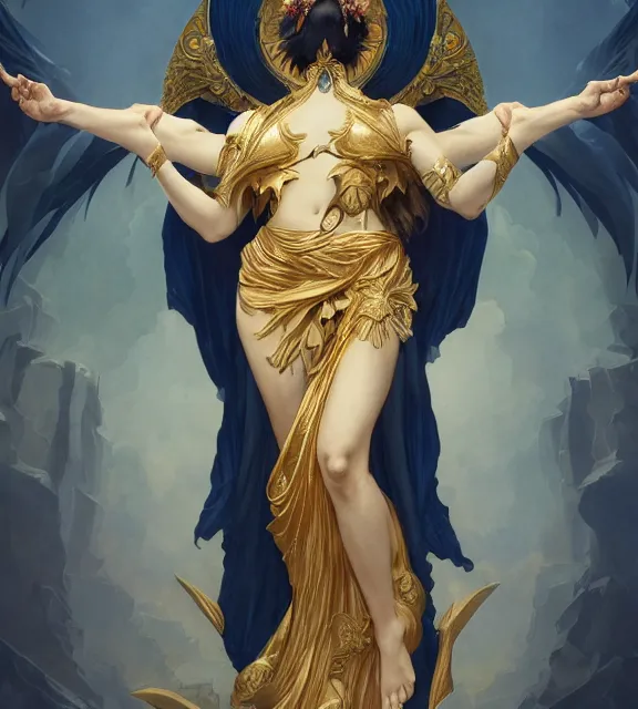 Image similar to male, god of death, in the underworld, elegant dark blue dress, very detailed, throne, very intricate details, jewelry, gold line tattoos, elaborate long hairstyle, wings, cinematic, artstation, william bouguereau, alphonse mucha, greg rutkowski, rossdraws, octane render