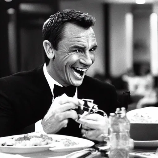 Prompt: James Bond laugh in front of his food