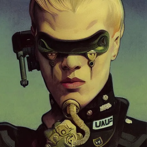 Image similar to portrait of rubbery, gaunt albino mutant with moist skin, sharp features, large lips, huge black eyes and determined expression, wearing fascist Byzantine police uniform and standing on Dune docks, science fiction concept art by Anato Finnstark, Alphonse Mucha, and Greg Rutkowski