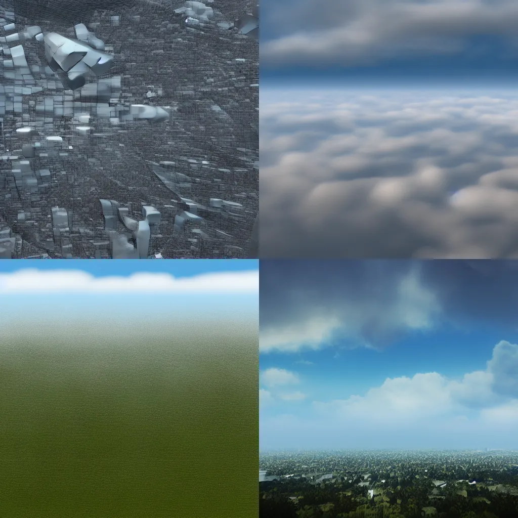 Prompt: environment texture map of the sky, from the ground level, city in the distance, big thick clouds, no sun