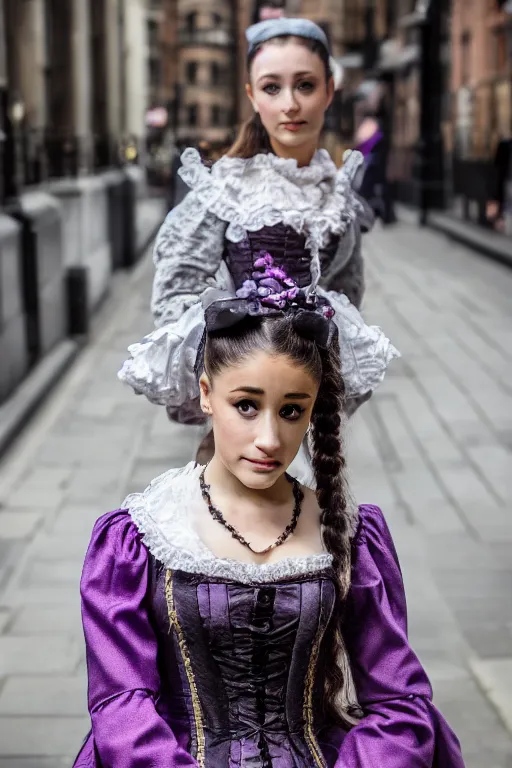 Prompt: Ariana Grande Victorian Era clothing, walking through the streets of London, XF IQ4, f/1.4, ISO 200, 1/160s, 8K, symmetrical face. beautiful eyes