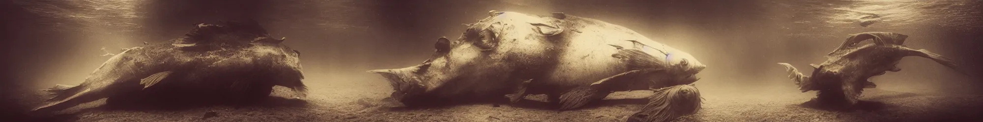 Prompt: underwater photo of evil fish, Les Edwards, Zdzislaw Beksinski, Carl Gustav Carus, John Harris, Michal Karcz, Zhang Kechun, Mikko Lagerstedt, Scott Listfield, Steven Outram, Jessica Rossier