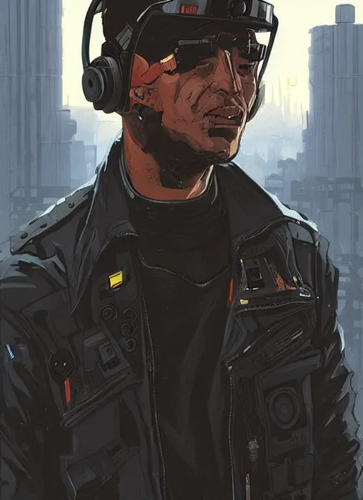 Prompt: Menacing Hector. buff cyberpunk mercenary wearing a cyberpunk headset, military vest, and pilot jumpsuit. square face. Concept art by James Gurney and Laurie Greasley. Moody Industrial skyline. Exaggerated proportions. ArtstationHQ. Creative character design for cyberpunk 2077.