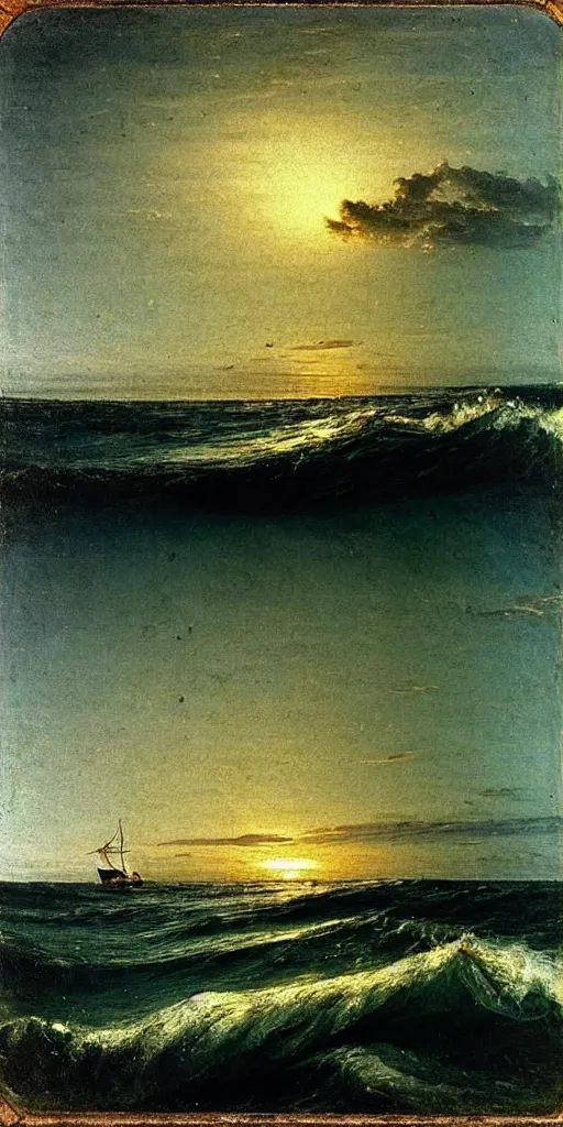 Prompt: “ ( ( ( ( ( rough waves on the ocean at night, the boat is on fire ) ) ) ) ) painted by john frederick kensett!!!!!!!!!! ”