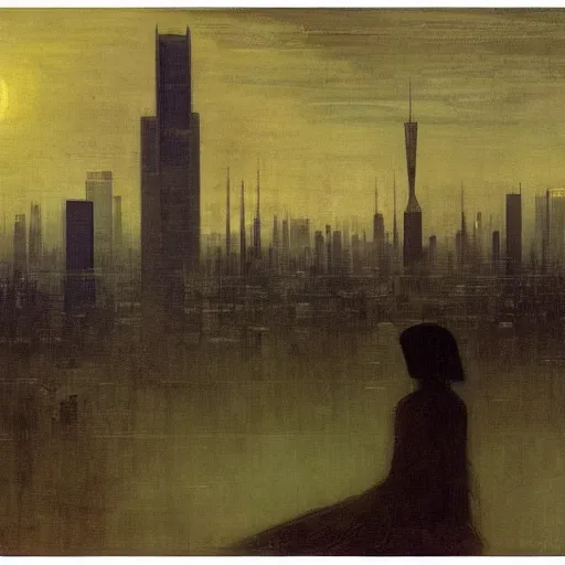 Prompt: A beautiful computer art of a cityscape with soaring skyscrapers, advanced technology, and a mysterious, ethereal figure in the foreground. Ancient Egyptian by James Abbott McNeill Whistler bleak