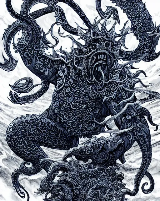 Image similar to A huge blue kraken in a vast sea, terrifying, black and white, fantasy art, monster art, in the style of masami kurumada, illustration, epic, fantasy, intricate, hyper detailed, artstation, concept art, smooth, sharp focus, ray tracing