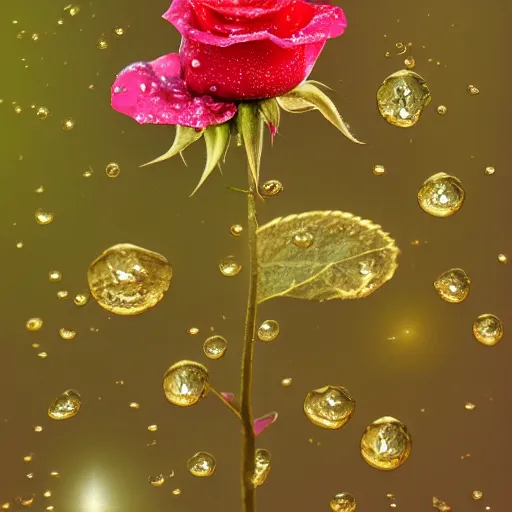 Prompt: High resolution!! Mottled!! Rose blooming with Golden dew drops, 8K, photorealistic, Cinematic lighting