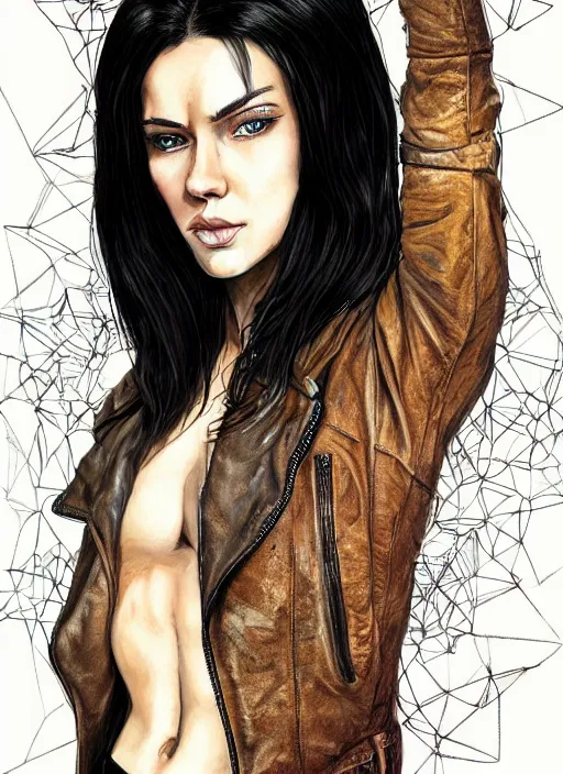 Prompt: a black haired woman in a leather jacket, muscular upper body, abs, d & d, fantasy, intricate, elegant, highly detailed, digital painting, artstation, concept art, smooth, sharp focus, illustration, art by martine johanna