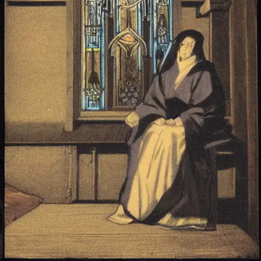 Prompt: Rosaria_(genshin_Impact) Sitting in a Church at night