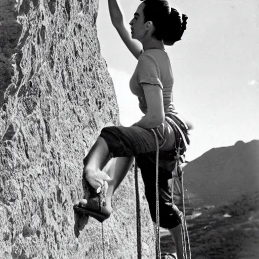 Image similar to a vintage photo of Frida kahlo rock climbing and wearing a wedding dress, 8k