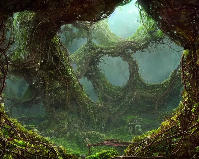 Prompt: The temple of infinite stones, overgrown with vines and moss, thick and rich vines hanging down from the ceiling of the temple, lush plants, amazing scale and lighting, digital art, trending on Artstation