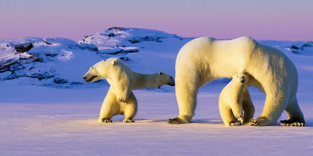 Prompt: a photo of a t-rex hugging a polar bear in the north pole, golden hour, award-winning photograph, national geographic, 8K UHD