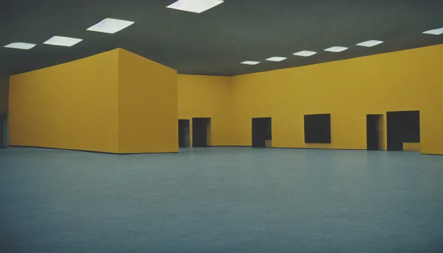 Prompt: 60s movie still of a sovietic stalinist style empty art museum with a soviet congress with yellow wall, cinestill 800t, liminal Space style, heavy grain