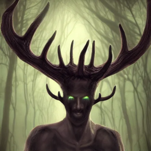 Image similar to the soul thief, dark forest, fantasy world, mystical physique with antlers, wide shot view