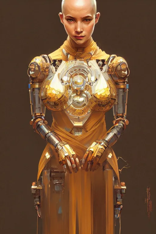 Image similar to Full body robotic monk, portrait, elegant, intricate, digital painting, artstation, concept art, smooth, sharp focus, illustration, art by artgerm and greg rutkowski and alphonse mucha