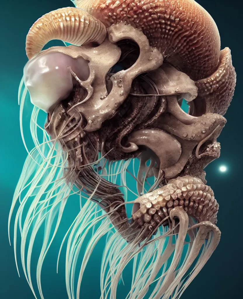 Image similar to goddess close-up portrait ram skull. jellyfish phoenix head, nautilus, orchid, ram skull, betta fish, bioluminiscent creatures, intricate artwork by Tooth Wu and wlop and beeple. octane render, trending on artstation, greg rutkowski very coherent symmetrical artwork. cinematic, hyper realism, high detail, octane render, 8k