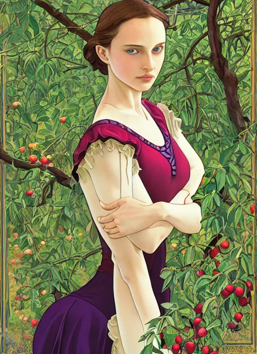 Prompt: well - lit art nouveau portrait of a 1 3 - year old ballet girl wih resembles natalie portman and emily browning acting shy under an apple tree, natural lighting, path traced, highly detailed, high quality, cartoon, digital painting, by don bluth and ross tran and studio ghibli