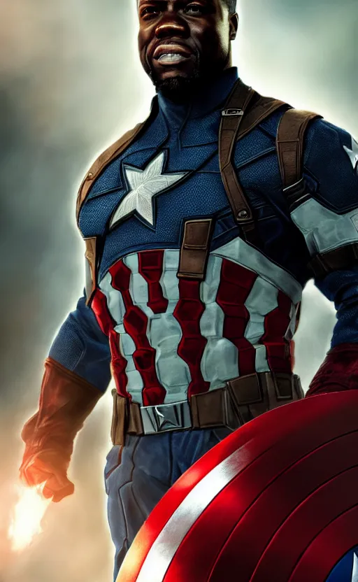 Image similar to kevin hart as captain america, dynamic lighting, photorealistic fantasy concept art, trending on art station, stunning visuals, creative, cinematic, ultra detailed