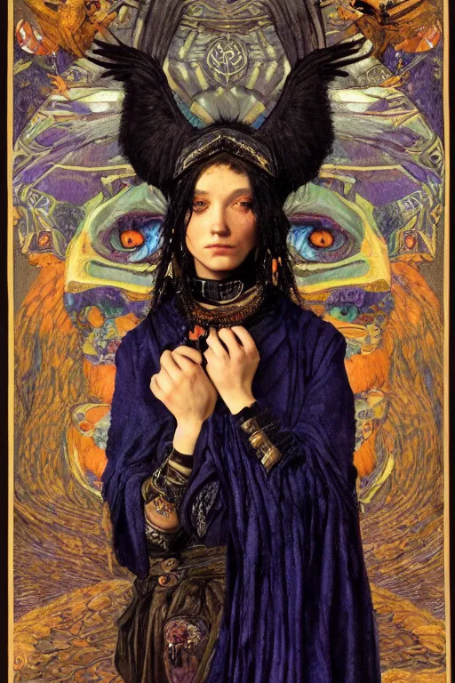 Prompt: a goth shaman with the head of a raven, by Annie Swynnerton and Nicholas Roerich and John Bauer and John William Godward and Donato Giancola and Vermeer, black leather and embroidered velvet, iridescent beetles, rich color, dramatic cinematic lighting, featured on Artstation, extremely detailed