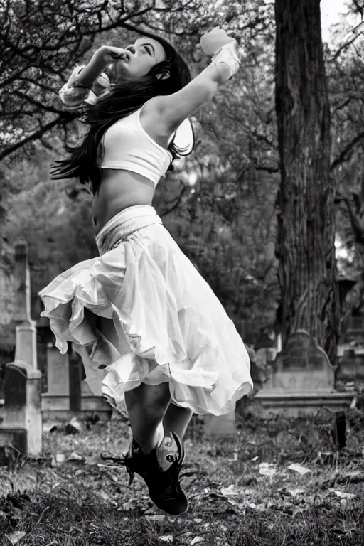 Prompt: egirl doing a shuffle dance in an abandoned graveyard, aesthetic!!, clean composition, outdoor lighting, beautiful highly symmetric face, gazing eyes