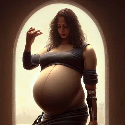 Image similar to pregnant female cyborg, cozy atmospheric and cinematic lighting, ultra rendered extreme realism and detail 8 k, highly detailed, realistic, refined, bautiful, fine art photography, hyper realistic, in the style of greg rutkowski, by artgerm, by gustave dore, by marco turini, photorealistic, elegant, sharp focus, majestic, award winning picture, intricate, artstation,