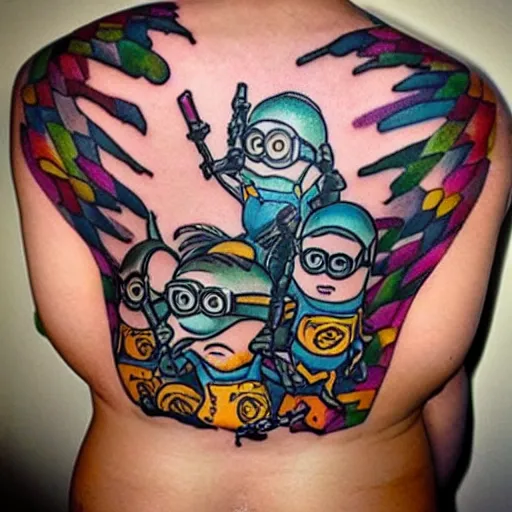 Image similar to tattoo of army of cute minions on female lower back, epic, colorful, beautiful, intricate detail