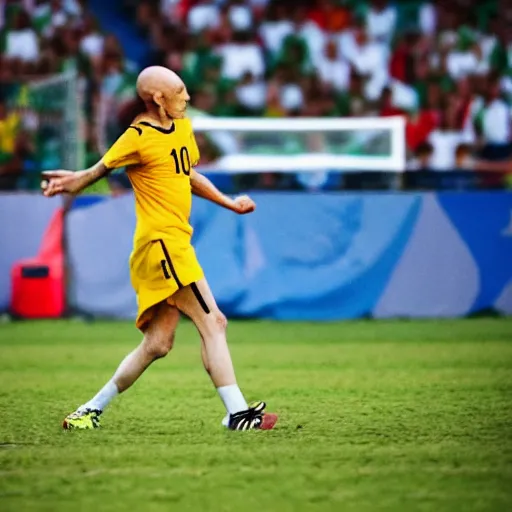 Image similar to portrait of nosferatu playing alone football at the world cup, sport photography