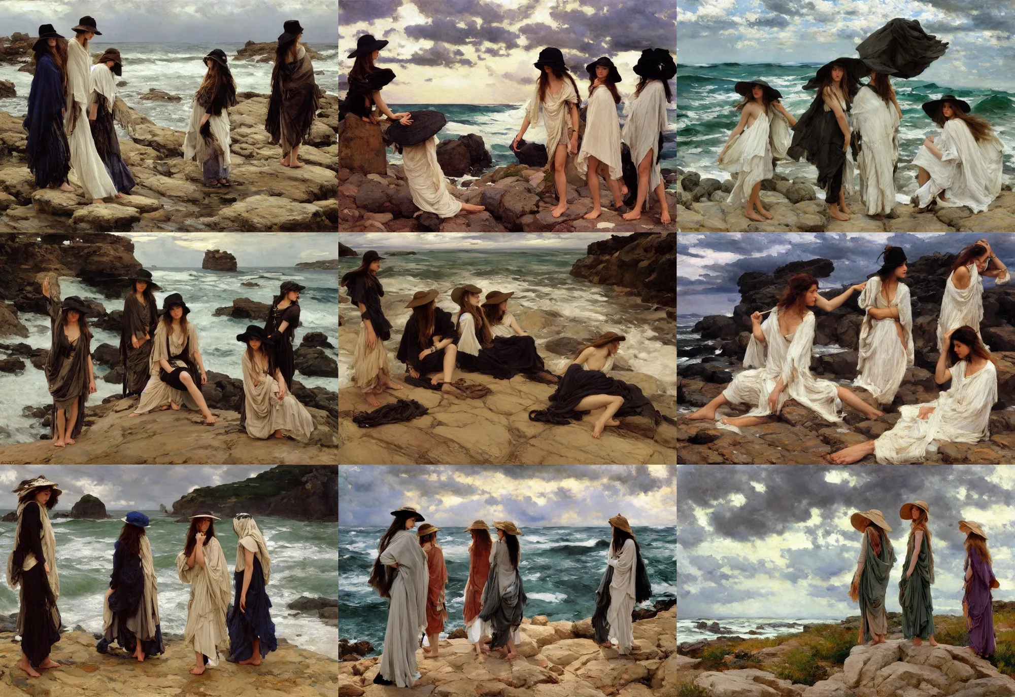 Image similar to dramatic light, thunder clouds in the sky, stormy sea by frederick judd waugh, simple form, brutal shapes, shaman, portrait of three of fashionable young womans wearing rich jewerly hat and boho poncho, pixiv, lying pose on stones, 1970s fashion, anime, studio ghiblil, artwork by Joaquin Sorolla and john william waterhouse and Denis Sarazhin and James Jean and klimt and rhads and van gogh and Dean Ellis and Detmold Charles Maurice