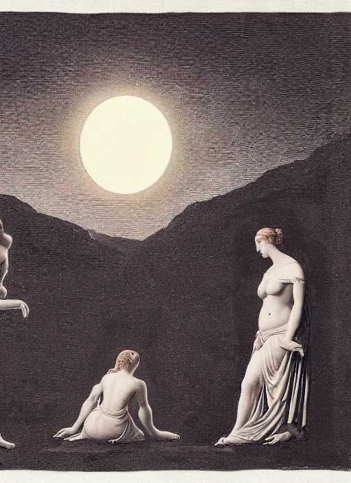 Image similar to three backlit silhouettes of ancient greek venus observing an eclipse at dusk, painted by caspar david friedrich