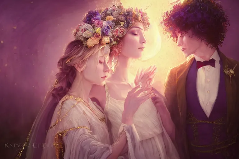 Image similar to a dreamlike cinematic portrait of wedding photograph close up moment of a divine a russia sun god and moon goddess lovers magician at a wedding banquet. portraiture. digital painting. artstation. concept art. fantasy wedding photo. digital painting, 8 k realistic, hyper detailed, violet evergarden art masterpiece by art by krenz cushart