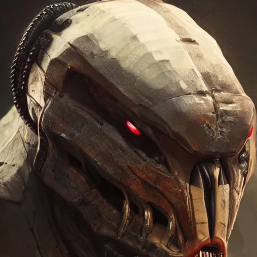 Image similar to A frontal head portrait of The Predator , by dreadjim, Greg Rutkowski, james gurney, epic scifi character art, Exquisite detail, post-processing, low angle view, masterpiece, cinematic