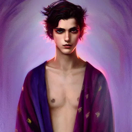 Image similar to colorful and festive captivating teenager boy with straight indigo hair, purple eyes with red eye markers, slim body, wearing a detailed japanese kimono. rich vivid colors, ambient lighting, dynamic lighting, 4 k, atmospheric lighting, painted, intricate, highly detailed by charlie bowater