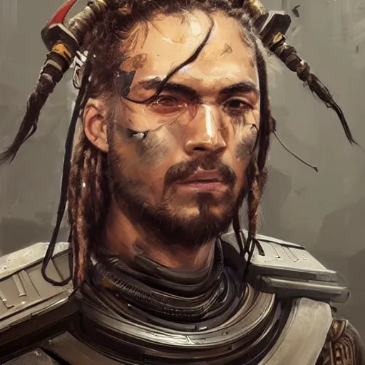 Image similar to Portrait of a man by Greg Rutkowski, a young, strong and hard-eyed futuristic warrior with brown hair with dreadlocks, wearing a futuristic space tactical gear that looks like a mix between the samurai, viking and templar aesthetics, mix between tribal and hi-tech, highly detailed portrait, scifi, space opera, digital painting, artstation, concept art, smooth, sharp foccus ilustration, Artstation HQ