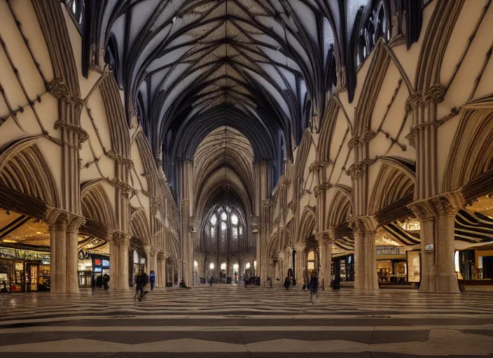 Prompt: inside a massive mall with vaulted ceilings in the style of a gothic cathedral, highly detailed, 8 k, hdr, award - winning, octane render, trending on artstation, volumetric lighting