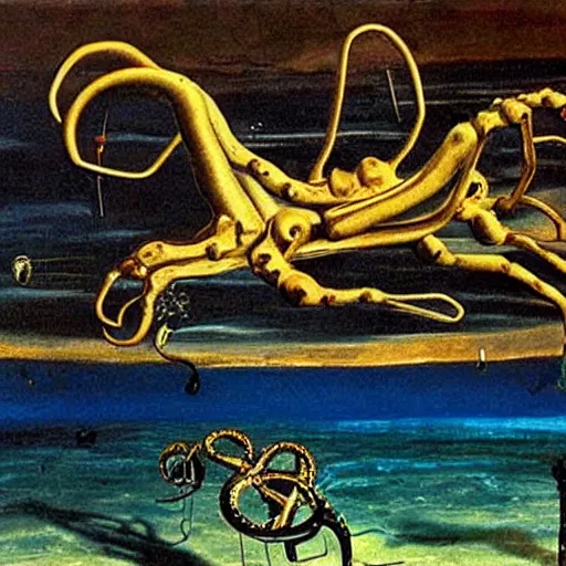 Image similar to a cybernetic Callistoctopus macropus giving a lecture in a shallow area of the Mediterranean Sea, midnight in Cap de Creus, oil painting by Salvador Dali