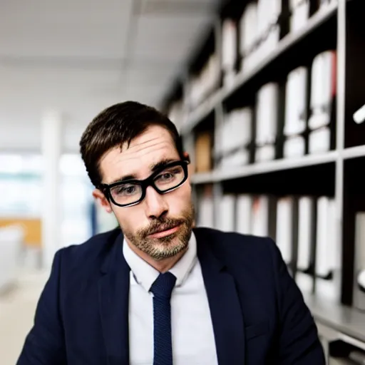 Prompt: a tired male man with glasses in an office