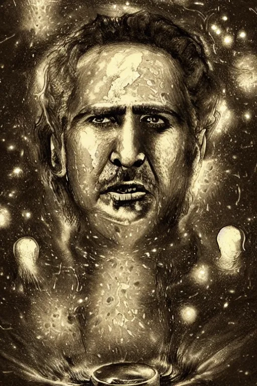 Image similar to Outside the ordered universeis that amorphous blight of nethermost confusion which blasphemes and bubbles at the center of all infinity—the boundless daemon sultan Nicolas Cage, whose name no lips dare speak aloud, and who gnaws hungrily in inconceivable, unlighted chambers beyond time and space amidst the muffled, maddening beating of vile drums and the thin monotonous whine of accursed flutes.