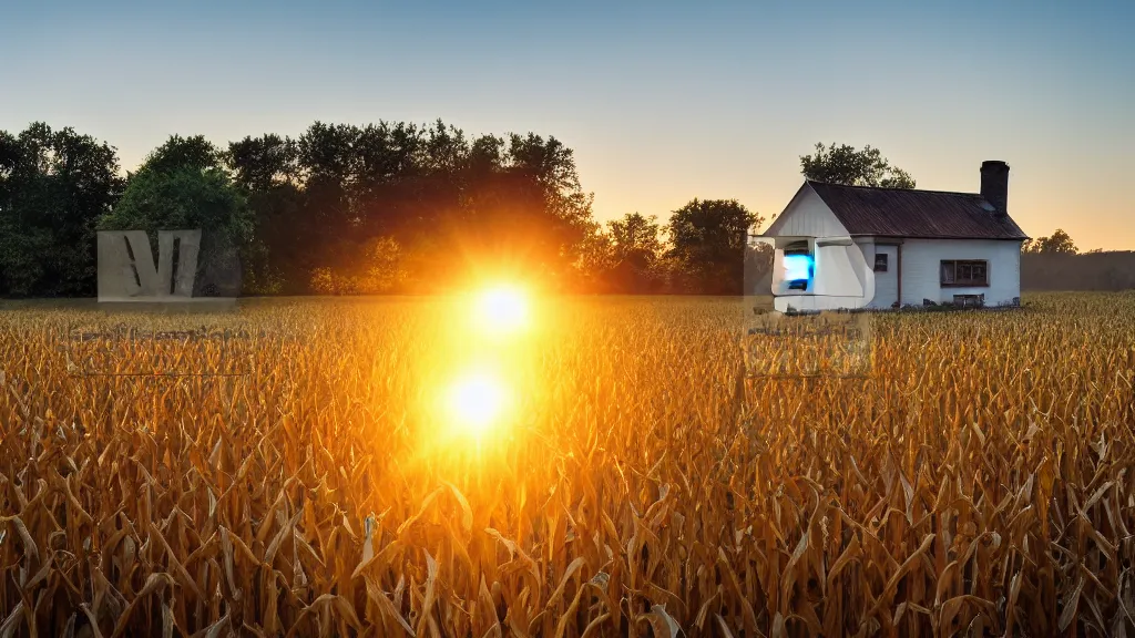 Prompt: a medium shot angle of a countryside house in the middle of a cornfield in the sunrise.