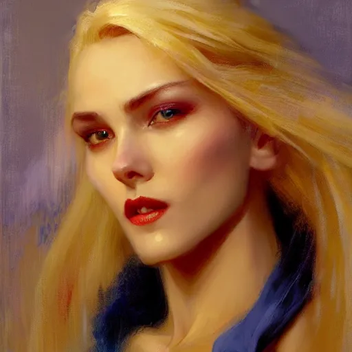 Image similar to detailed cinematic wide shot of beautiful attractive blonde vampire woman slim face symettrical face clean skin blue eyes black robe smooth, sharp focus, ultra realistic, spring light, painting by gaston bussiere, craig mullins, j. c. leyendecker
