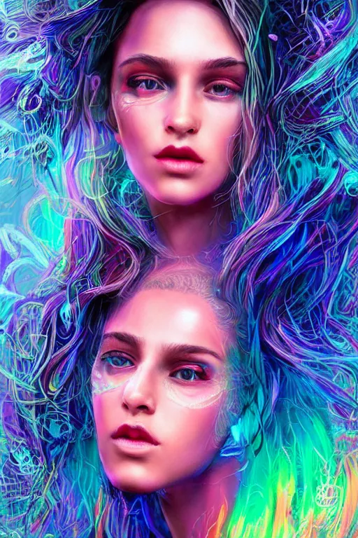 Prompt: a super realistic young woman, magical, cyberpunk, windblown, intricate, synthwave, retrowave, colorful, vibrant, highly-detailed, elegant, dramatic lighting, gorgeous face, lifelike, photorealistic face, long luxurious intricate gown, digital painting, artstation, illustration, concept art, smooth, sharp focus, art by Jude Palencar, John Collier, artgerm, and Albert Aublet and Krenz Cushart and Artem Demura and Alphonse Mucha