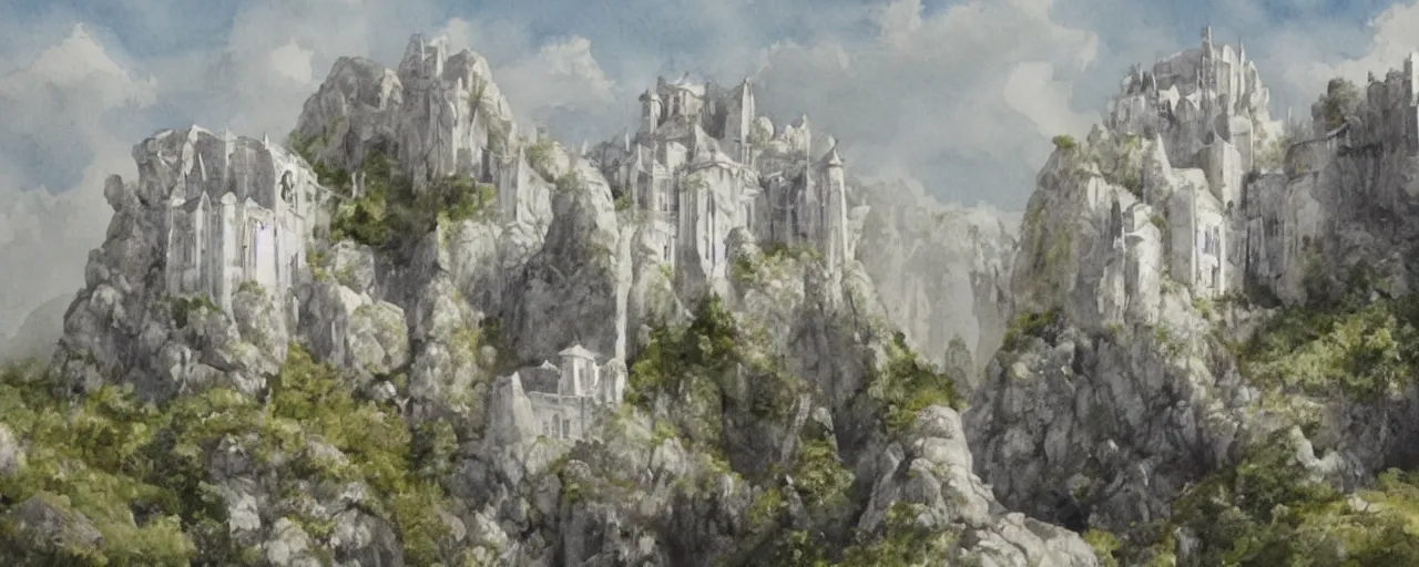 Prompt: white monastery upon sheer lime cliffs, a ray of sun illuminating, watercolour, high fantasy, extremely detailed